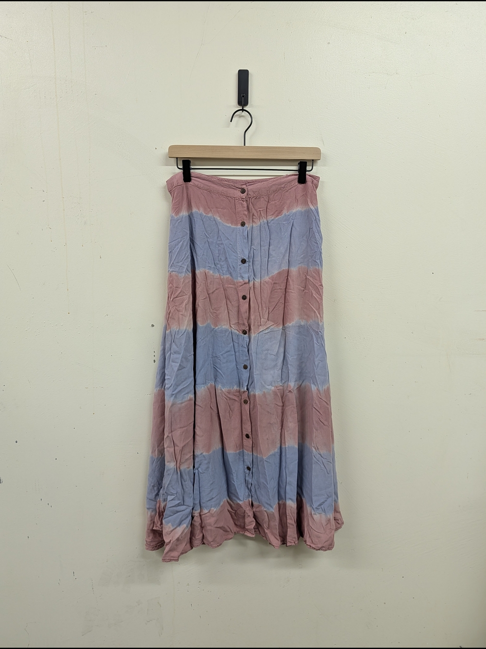 RAGA Striped Button-Front Rayon Maxi Skirt in Pink and Light Blue Tie Dye Small